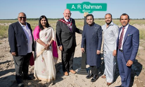 Mayor Frank Scarpitti, Councillor Khalid Usman, A.R. Rahman and members of delegation on-site at future A.R. Rahman Street location. Mayor Frank Scarpitti, Councillor Khalid Usman, A.R. Rahman and members of delegation on-site at future A.R. Rahman Street location.